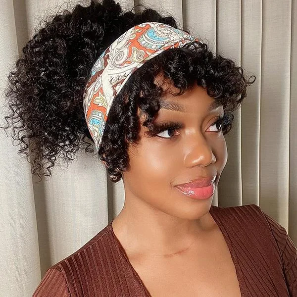 VRVOGUE Headband Wig With Bangs Brazilian Afro Kinky Curly Glueless Human Hair Wigs 180 Density Natural Color