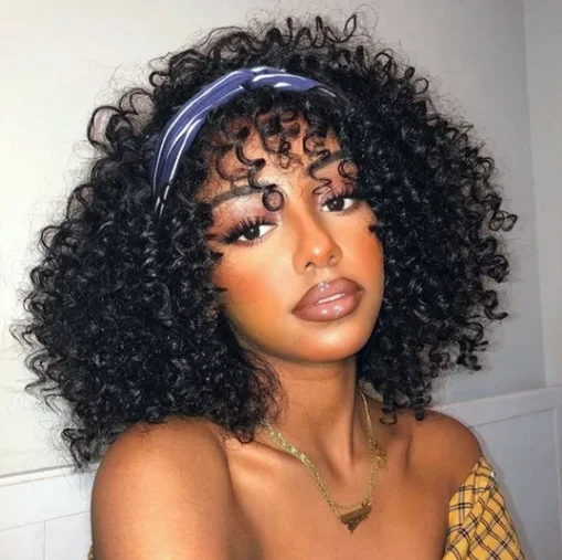 VRVOGUE Headband Wig With Bangs Brazilian Afro Kinky Curly Glueless Human Hair Wigs 180 Density Natural Color