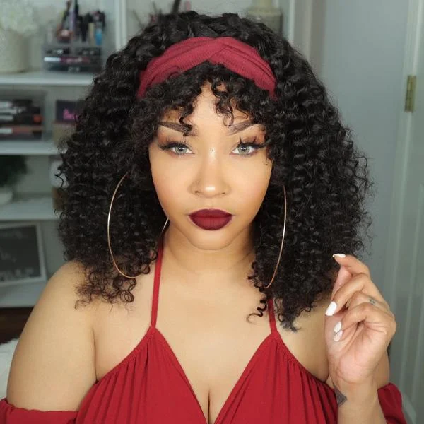 VRVOGUE Headband Wig With Bangs Brazilian Afro Kinky Curly Glueless Human Hair Wigs 180 Density Natural Color