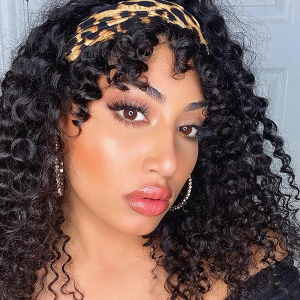 VRVOGUE Headband Wig With Bangs Brazilian Afro Kinky Curly Glueless Human Hair Wigs 180 Density Natural Color