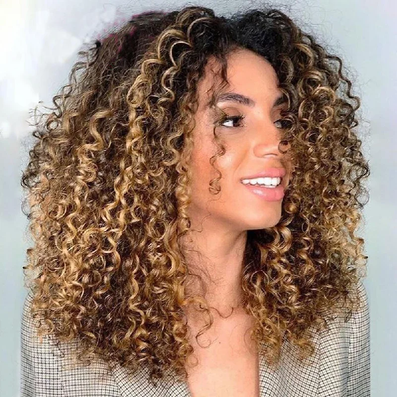 Vrvogue Hair Highlight Honey Blonde Colored Wigs Curly Hair Wigs  210 Density 13x4/T Part/4x4 Transparent Lace Wigs