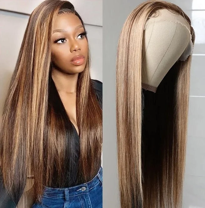 Highlight Honey Blonde Straight Hair 13*4 HD Transparent Lace Front Swiss Wigs Human Hair Wigs 180 220 Density