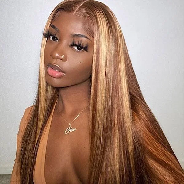 Highlight Honey Blonde Straight Hair 13*4 HD Transparent Lace Front Swiss Wigs Human Hair Wigs 180 220 Density