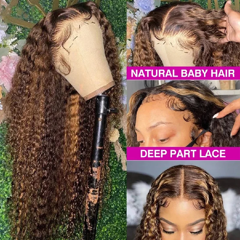 Highlight P4/27 Mix Colored Curly Human Hair Undetectable Lace Wigs