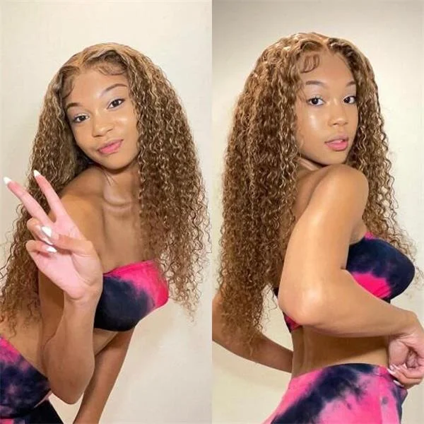 Highlight P4/27 Mix Colored Curly Human Hair Undetectable Lace Wigs