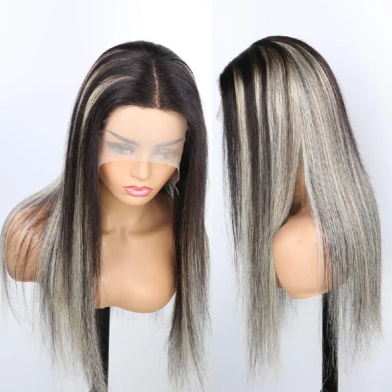 Straight Hair Highlights Blonde Ombre Half Black Hair 13*4  HD Transparent Lace Front Wigs 250 Density Human Hair Wigs 30 Inch