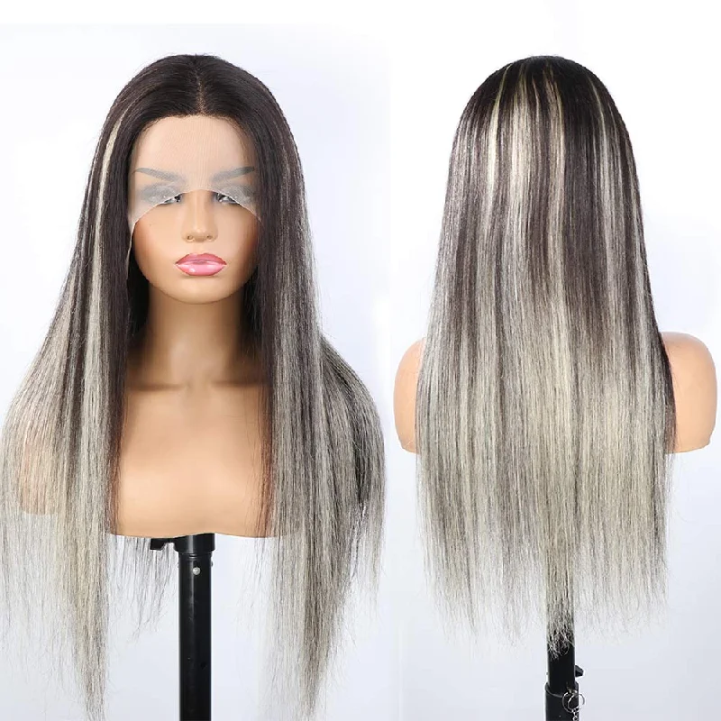 Straight Hair Highlights Blonde Ombre Half Black Hair 13*4  HD Transparent Lace Front Wigs 250 Density Human Hair Wigs 30 Inch