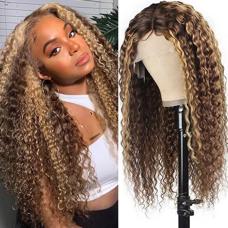 Honey Blonde Highlight Pre Plucked 13x4 / T Part / 4x4 Lace Wigs Ombre Color Long Curly Human Hair Wigs