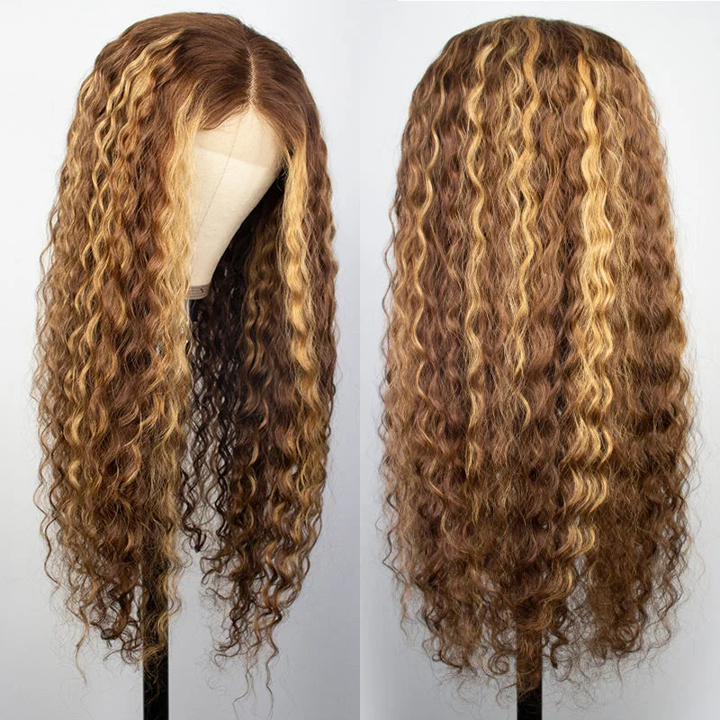 Honey Blonde Highlight Pre Plucked 13x4 / T Part / 4x4 Lace Wigs Ombre Color Long Curly Human Hair Wigs