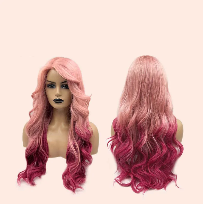 HOT OF SEASON - 25 Inches Body Wave Mix Pink Fushia Color Fashion Side Part Pre-Cut Frontlace Glueless Wig CANDY