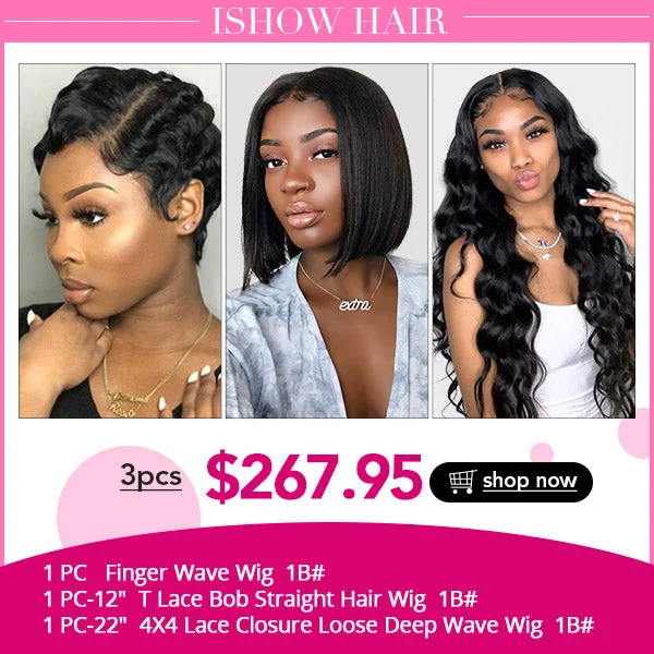 Ishow Beauty Human Hair Wigs : Finger Wave Wig/ T Lace Part Wig/ 4x4 Lace CLosure Wig