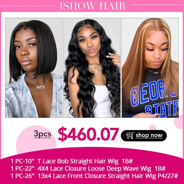 Ishow Beauty Human Hair Wigs Package Deal: Short Bob Wig 4x4 Lace Closure Closure Wig and 13x4 Lace Front Wig