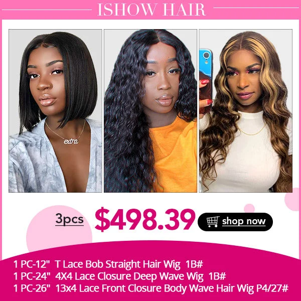 Ishow Hair Wigs Package Deal: Short BOB Wig / 4x4 Lace Closure Wig/  13X4 Lace Frontal Closure Wig