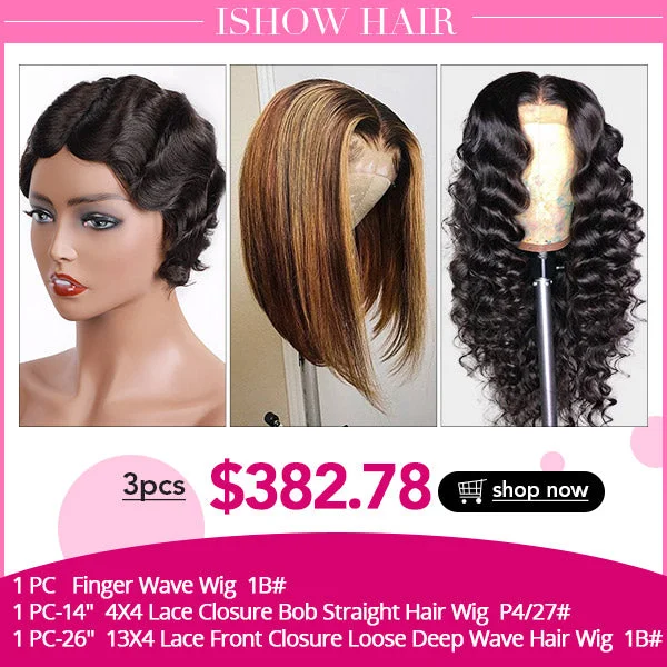 Ishow Human Hair Wigs Package Deal : Finger Wave Wig/ 4x4 Lace CLosure Bob Wig/ 13x4 Lace Front Closure Wig