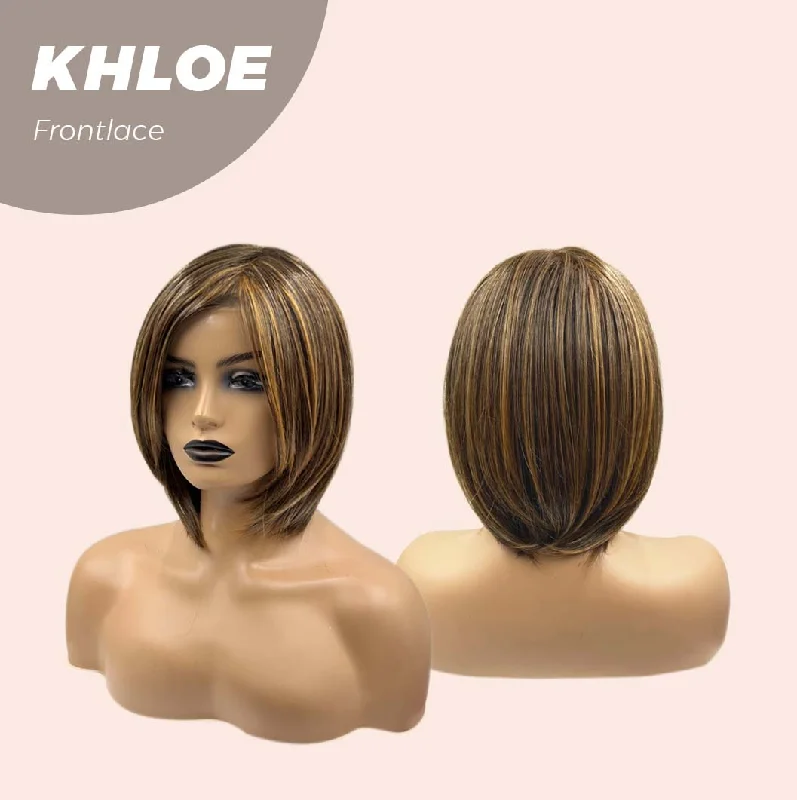 JBEXTENSION 12 Inches Bob Cut Brown With Highlight Pre-Cut Frontlace Glueless Wig KHLOE LACE