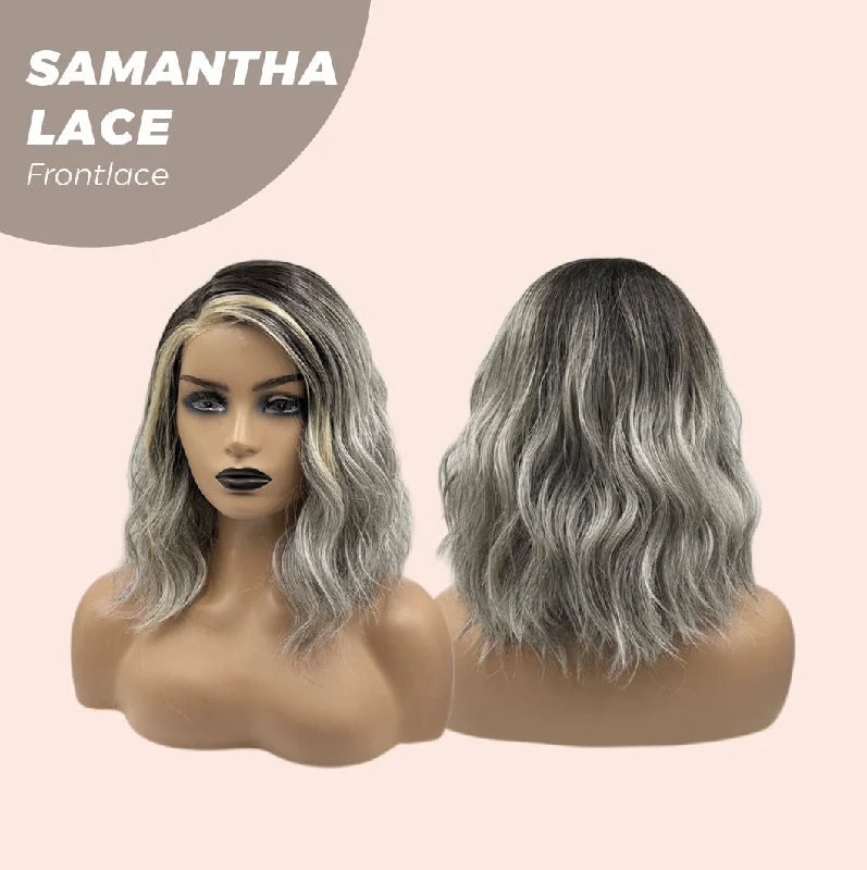 JBEXTENSION 12 Inches Grey With Blonde Highlight Wave Side Part Pre-Cut Frontlace Glueless Wig SAMANTHA LACE