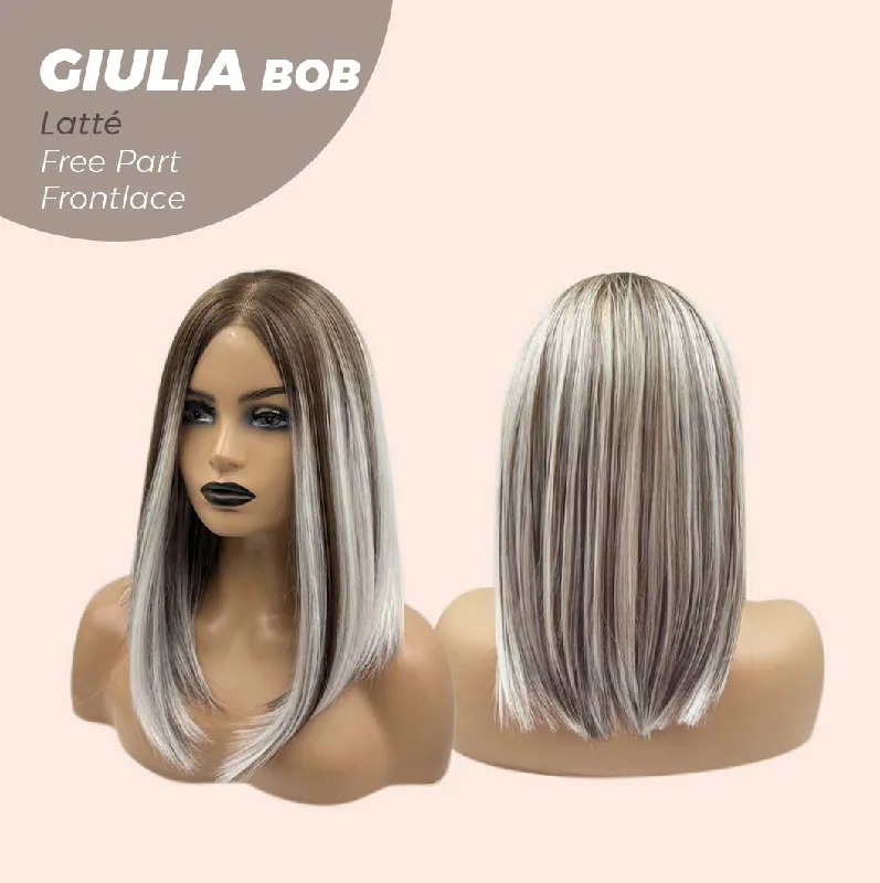 JBEXTENSION 14 Inches Bob Cut Mix Color With Highlight Free Part Pre-Cut Frontlace Glueless Wig GIULIA BOB LATTé (FREE PARTING)