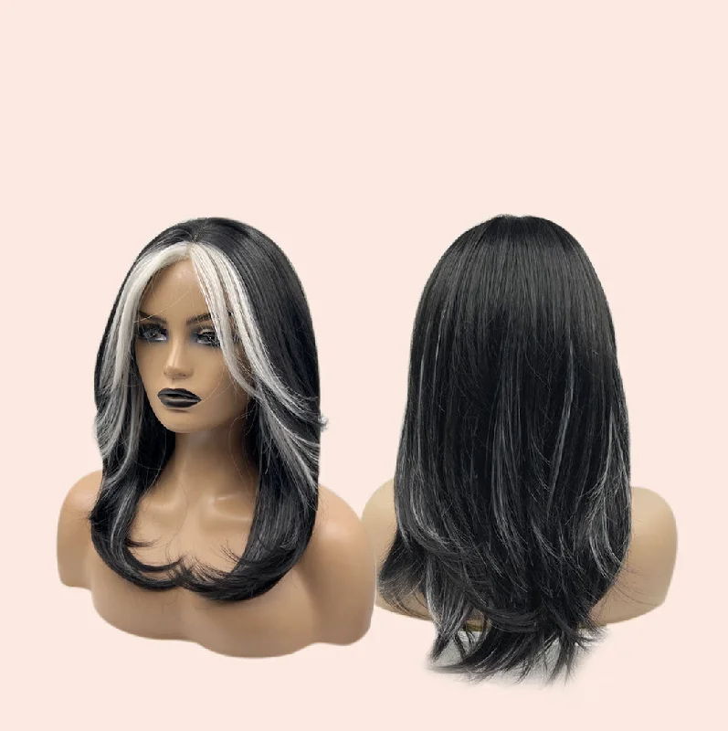 JBEXTENSION 18 Inches Black With White Highlight Pre-Cut Free Part Frontlae Glueless Wig AMARI