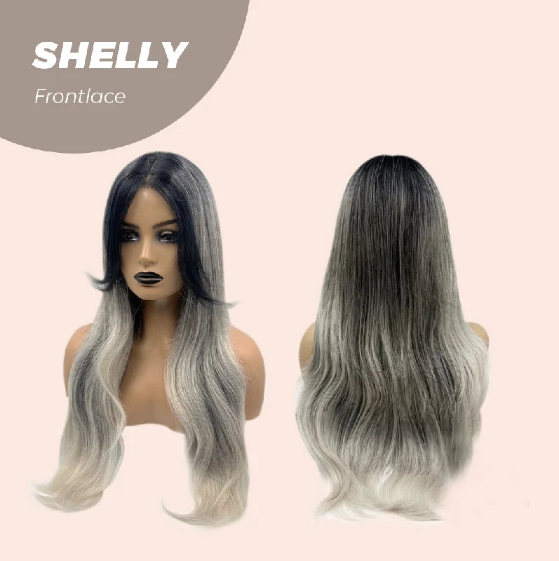 JBEXTENSION 26 Inches Balayage Grey With Black Bangs Pre-Cut Frontlace Glueless Wig SHELLY