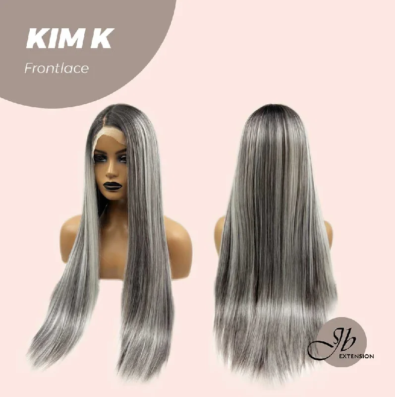 JBEXTENSION 30 Inches Grey With Highlight With Dark Root Straight Long Hair Side Part Frontlace Glueless Wig KIM K