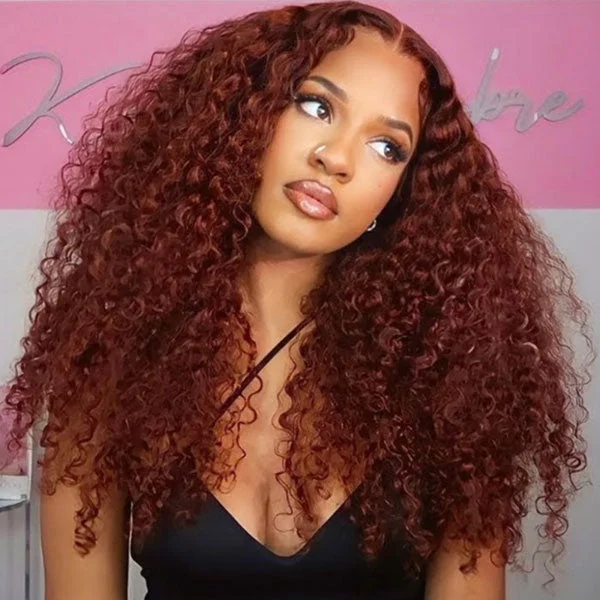 Junoda #33 Auburn Colored Glueless 6x4.5 Pre Cut Lace Wig Curly Human Hair Wear & Go Wig