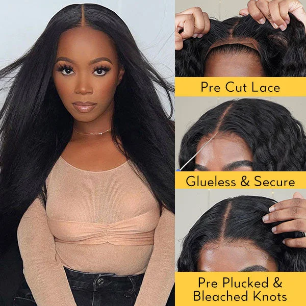 Junoda 5x5 Pre Cut Lace Pre Plucked Bleached Knots Wear & Go Glueless Kinky Straight Wig cs1