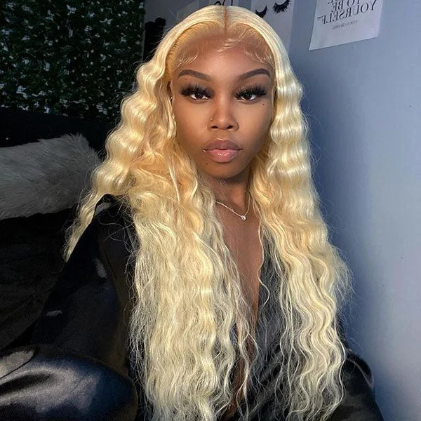 Junoda 613 Blonde Deep Wave Transparent Lace Front Wig Crimped 30inch Long Human Hair Wigs