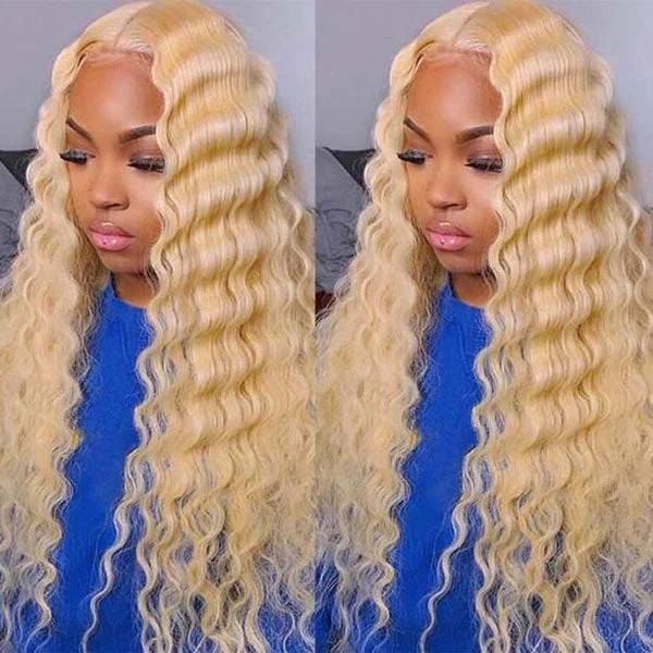 Junoda 613 Blonde Deep Wave Transparent Lace Front Wig Crimped 30inch Long Human Hair Wigs