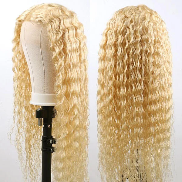 Junoda 613 Blonde Deep Wave Transparent Lace Front Wig Crimped 30inch Long Human Hair Wigs