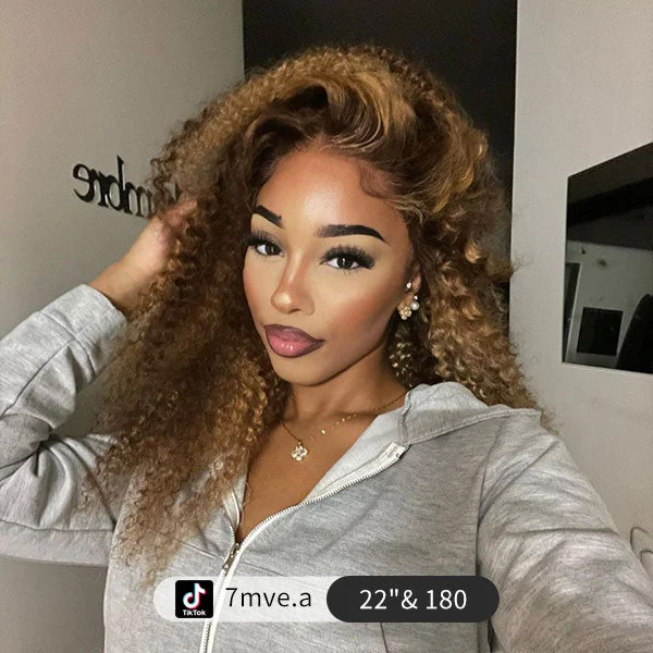 Junoda 6x4.5 Pre Cut Lace Kinky Curly Mix Color Highlight Blonde Brown Glueless Wig