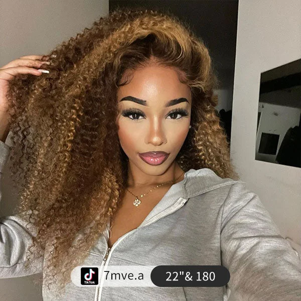 Junoda 6x4.5 Pre Cut Lace Kinky Curly Mix Color Highlight Blonde Brown Glueless Wig