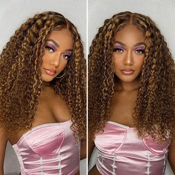 Junoda 6x4.5 Pre Cut Lace Kinky Curly Mix Color Highlight Blonde Brown Glueless Wig