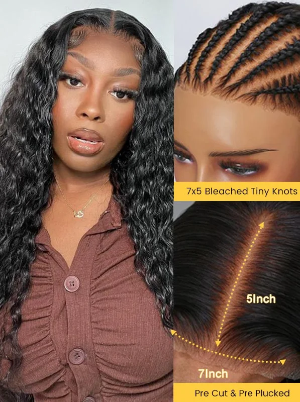 Junoda 7x5 Deep Parting Pre Cut Lace Bleached Tiny Knots Water Wave Shake n Go Glueless Wig