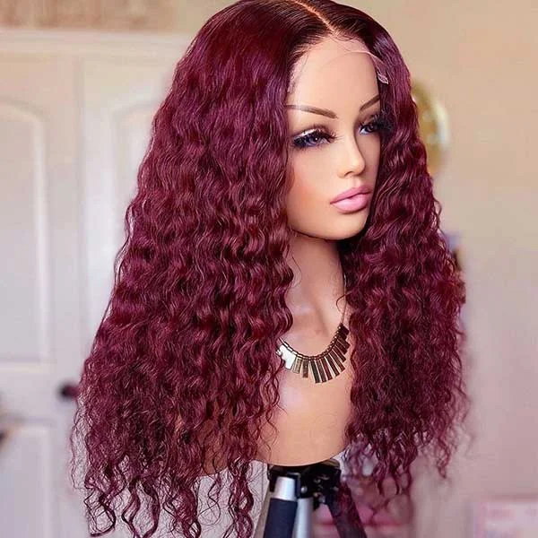 Junoda 99j Burgundy Red Curly 4x4 13x4 Lace Front Wig Natural Density Human Hair Wigs