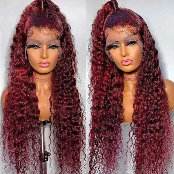 Junoda 99j Burgundy Red Curly 4x4 13x4 Lace Front Wig Natural Density Human Hair Wigs