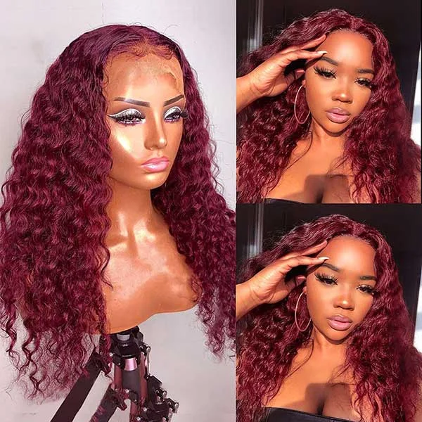 Junoda 99j Burgundy Red Curly 4x4 13x4 Lace Front Wig Natural Density Human Hair Wigs