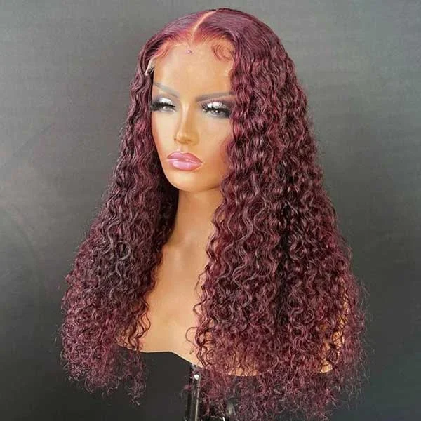 Junoda 99j Burgundy Red Curly 4x4 13x4 Lace Front Wig Natural Density Human Hair Wigs