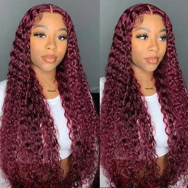 Junoda 99j Burgundy Red Curly 4x4 13x4 Lace Front Wig Natural Density Human Hair Wigs