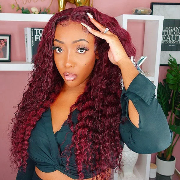 Junoda Burgundy Red 99j Deep Wave Wear & Go Glueless Wig 3 Seconds Install Quick Easy Wig