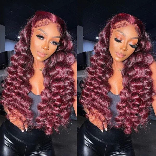 Junoda Burgundy Red Loose Wave Lace Front Wig 4x4 13x4 99J Colored Long Human Hair Wigs