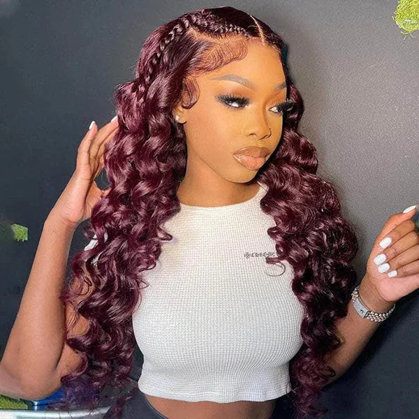 Junoda Burgundy Red Loose Wave Lace Front Wig 4x4 13x4 99J Colored Long Human Hair Wigs