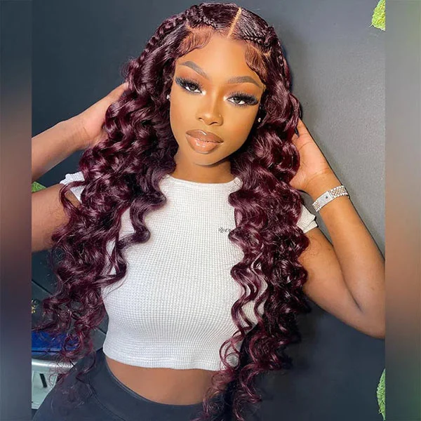 Junoda Burgundy Red Loose Wave Lace Front Wig 4x4 13x4 99J Colored Long Human Hair Wigs