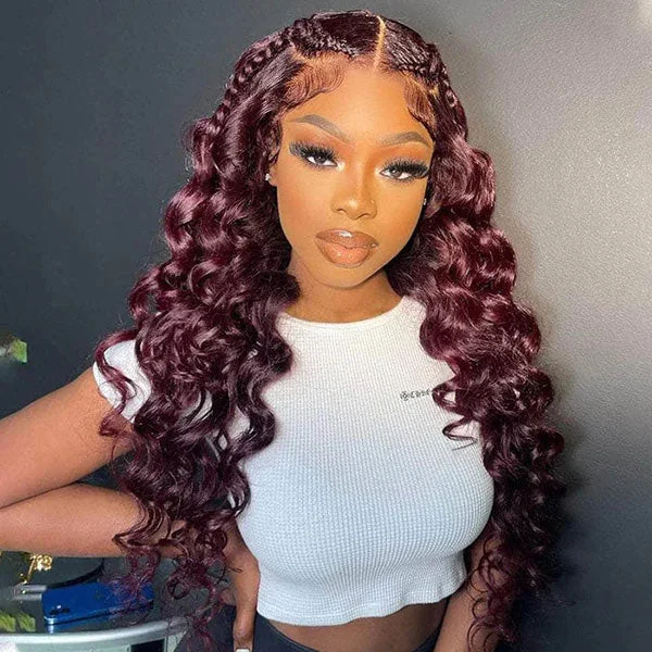 Junoda Burgundy Red Loose Wave Lace Front Wig 4x4 13x4 99J Colored Long Human Hair Wigs