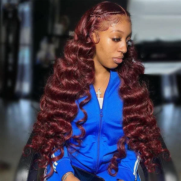 Junoda Burgundy Red Loose Wave Lace Front Wig 4x4 13x4 99J Colored Long Human Hair Wigs