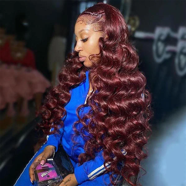 Junoda Burgundy Red Loose Wave Lace Front Wig 4x4 13x4 99J Colored Long Human Hair Wigs