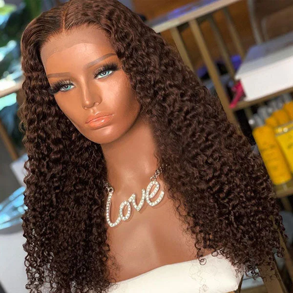 Junoda Chocolate Brown Curly Human Hair Wigs Color 4 Light Brown Chestnut Lace Front Wig