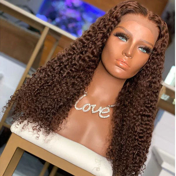 Junoda Chocolate Brown Curly Human Hair Wigs Color 4 Light Brown Chestnut Lace Front Wig