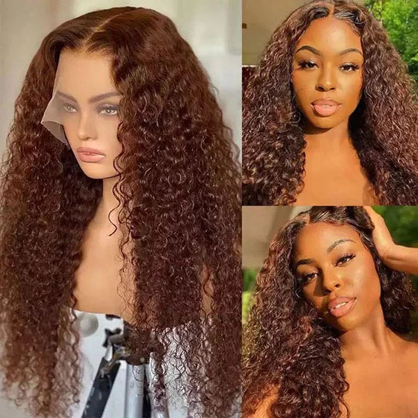 Junoda Chocolate Brown Curly Human Hair Wigs Color 4 Light Brown Chestnut Lace Front Wig