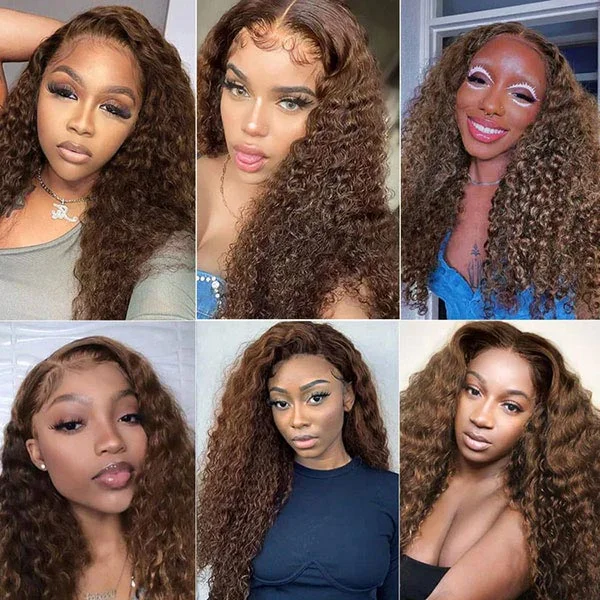 Junoda Chocolate Brown Curly Human Hair Wigs Color 4 Light Brown Chestnut Lace Front Wig