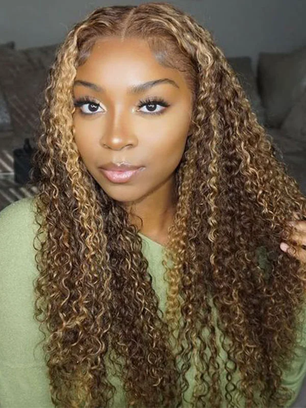 Junoda Curly HD Lace Wig Highlight Brown Blonde 4x4 13x4 Lace Front Human Hair Wigs